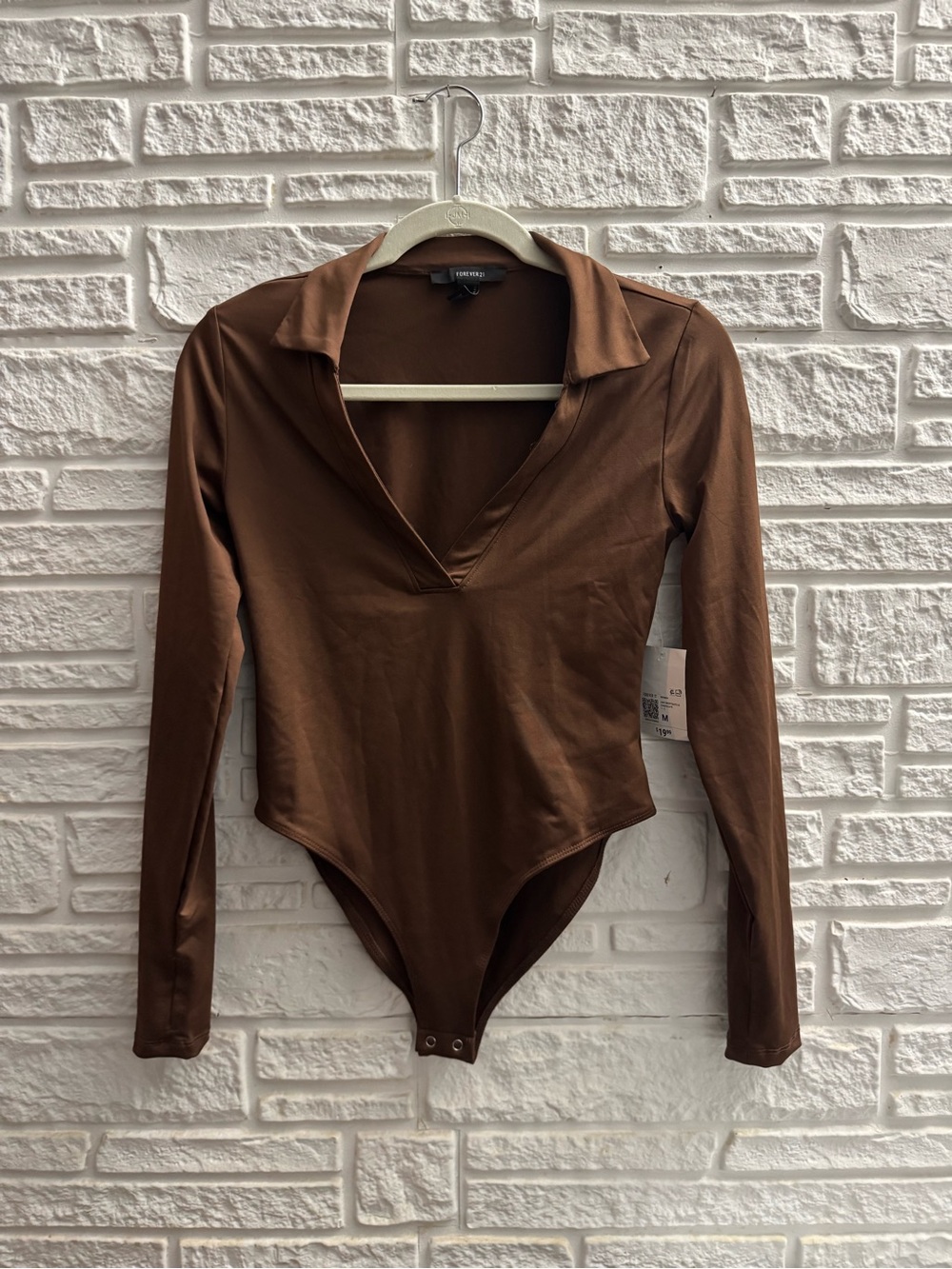Women’s Brown Collared V-Neck Long Sleeve Bodysuit
